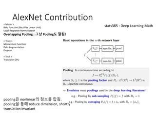 AlexNet Contribution
< Model >
Relu Function (Rectifier Linear Unit)
Local Response Normalization
Overlapping Pooling : 그냥 Pooling도 잘됨!
< Train >
Momentum Function
Data Augmentation
Dropout
< Tech >
Train with GPU
pooling은 nonlinear의 정보를 합침.
pooling을 통해 reduce dimension, shortly
translation invariant
stats385 : Deep Learning Math
 