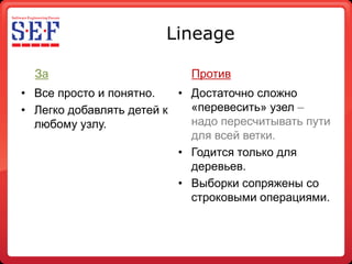 Lineage

  За                        Против
• Все просто и понятно.   • Достаточно сложно
• Легко добавлять детей к   «перевесить» узел –
  любому узлу.              надо пересчитывать пути
                            для всей ветки.
                          • Годится только для
                            деревьев.
                          • Выборки сопряжены со
                            строковыми операциями.
 