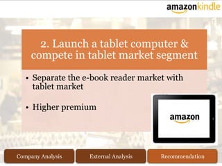 2. Launch a tablet computer &
     compete in tablet market segment
   • Separate the e-book reader market with
     tablet market

   • Higher premium




Company Analysis   External Analysis   Recommendation
 