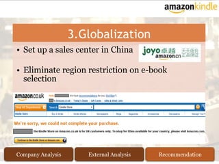 3.Globalization
• Set up a sales center in China

• Eliminate region restriction on e-book
  selection




Company Analysis      External Analysis   Recommendation
 