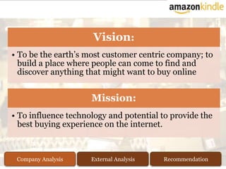 Vision:
• To be the earth’s most customer centric company; to
  build a place where people can come to find and
  discover anything that might want to buy online


                     Mission:
• To influence technology and potential to provide the
  best buying experience on the internet.



 Company Analysis    External Analysis   Recommendation
 