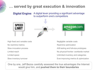 … served by great execution & innovation
      Digital Engine: A digital lever providing a significant advantage
                                to outperform one's competitors




High fixed and variable costs                        Negligible variable costs
No real-time metrics                                 Real-time optimization
Slow innovation process                              A/B testing and full-size prototypes
Limited reach                                        No physical frontier: worldwide market
Limited space                                        Unlimited inventory and categories
Slow inventory turnover                              Ever-improving metrics & optimization


One by one, Jeff Bezos carefully assessed the true advantages the Internet
        would give him, and pushed them to their boundaries
 