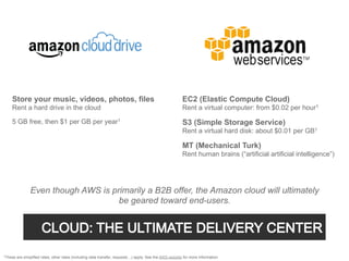 Store your music, videos, photos, files                                                               EC2 (Elastic Compute Cloud)
    Rent a hard drive in the cloud                                                                        Rent a virtual computer: from $0.02 per hour1

    5 GB free, then $1 per GB per year1                                                                   S3 (Simple Storage Service)
                                                                                                          Rent a virtual hard disk: about $0.01 per GB1

                                                                                                          MT (Mechanical Turk)
                                                                                                          Rent human brains (“artificial artificial intelligence”)




                Even though AWS is primarily a B2B offer, the Amazon cloud will ultimately
                                     be geared toward end-users.




1These   are simplified rates, other rates (including data transfer, requests…) apply. See the AWS website for more information.
 