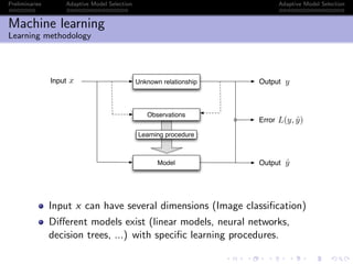 Preliminaries Adaptive Model Selection Adaptive Model Selection
Machine learning
Learning methodology
Unknown relationship
Observations
Learning procedure
Model
Input Output
Output
x y
ˆy
L(y, ˆy)Error
Input x can have several dimensions (Image classiﬁcation)
Diﬀerent models exist (linear models, neural networks,
decision trees, ...) with speciﬁc learning procedures.
 