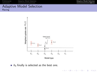 Preliminaries Adaptive Model Selection Adaptive Model Selection
Adaptive Model Selection
Racing
Model type
Weightedupdaterate
h1 h2 h3 h4 h5 h6
Upper bound
for
Wk[t]
W1[t]
W2[t]
W3[t]
W4[t]
W3[t]
h3 ﬁnally is selected as the best one.
 