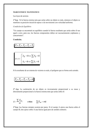 MARCO FISICO MATEMÁTICO
Las leyes de newton.
1ª Ley. Si la fuerza externa neta que actúa sobre un objeto es nula, entonces el objeto se
mantiene su posición inicial de reposo o de movimiento con velocidad uniforme.
Condición de Equilibrio
"Un cuerpo se encontrará en equilibrio cuando la fuerza resultante que actúa sobre él sea
igual a cero; para eso, las fuerzas componentes deben ser necesariamente coplanares y
concurrentes".
Condición.
Si la resultante de un sistema de vectores es nula, el polígono que se forma será cerrado.
2ª Ley. La aceleración de un objeto es inversamente proporcional a su masa y
directamente proporcional a la fuerza externa neta que actúa sobre él:
m
F
a
ext


o bien amFext


3ª Ley. Las fuerzas siempre ocurren por pares. Si el cuerpo A ejerce una fuerza sobre el
cuerpo B, éste ejerce sobre A una fuerza igual pero de sentido contrario.
 