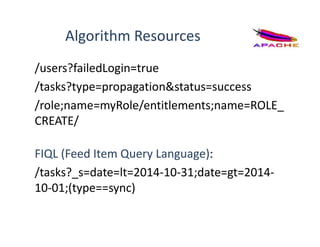 Algorithm Resources
FIQL (Feed Item Query Language):
/tasks?_s=date=lt=2014-10-31;date=gt=2014-
10-01;(type==sync)
/users?failedLogin=true
/tasks?type=propagation&status=success
/role;name=myRole/entitlements;name=ROLE_
CREATE/
 