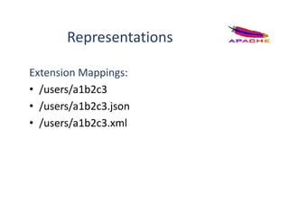 Representations
Extension Mappings:
• /users/a1b2c3
• /users/a1b2c3.json
• /users/a1b2c3.xml
 