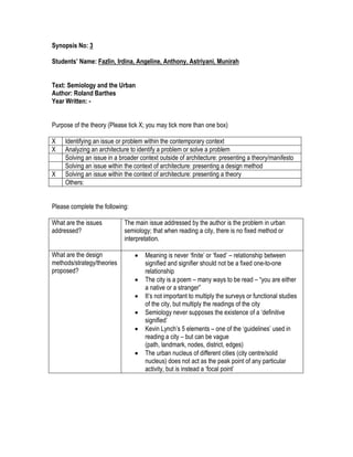 Synopsis No: 3
Students’ Name: Fazlin, Irdina, Angeline, Anthony, Astriyani, Munirah
Text: Semiology and the Urban
Author: Roland Barthes
Year Written: -
Purpose of the theory (Please tick X; you may tick more than one box)
X Identifying an issue or problem within the contemporary context
X Analyzing an architecture to identify a problem or solve a problem
Solving an issue in a broader context outside of architecture: presenting a theory/manifesto
Solving an issue within the context of architecture: presenting a design method
X Solving an issue within the context of architecture: presenting a theory
Others:
Please complete the following:
What are the issues
addressed?
The main issue addressed by the author is the problem in urban
semiology; that when reading a city, there is no fixed method or
interpretation.
What are the design
methods/strategy/theories
proposed?
 Meaning is never „finite‟ or „fixed‟ – relationship between
signified and signifier should not be a fixed one-to-one
relationship
 The city is a poem – many ways to be read – “you are either
a native or a stranger”
 It‟s not important to multiply the surveys or functional studies
of the city, but multiply the readings of the city
 Semiology never supposes the existence of a „definitive
signified‟
 Kevin Lynch‟s 5 elements – one of the „guidelines‟ used in
reading a city – but can be vague
(path, landmark, nodes, district, edges)
 The urban nucleus of different cities (city centre/solid
nucleus) does not act as the peak point of any particular
activity, but is instead a „focal point‟
 