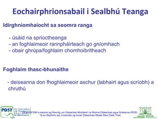 Tá an tSFGM á maoiniú ag Rannóg um Oideachas Múinteoirí na Roinne Oideachais agus Scileanna (ROS).
Tá an tSeirbhís seo á bainistiú ag Ionad Oideachais Bhaile Átha Cliath Thiar.
Eochairphrionsabail	
  i	
  Sealbhú	
  Teanga	
  	
  
Idirghníomhaíocht sa seomra ranga
- úsáid na sprioctheanga
- an foghlaimeoir rannpháirteach go gníomhach
- obair ghrúpa/foghlaim chomhoibritheach
Foghlaim thasc-bhunaithe
- deiseanna don fhoghlaimeoir aschur (labhairt agus scríobh) a
chruthú
 