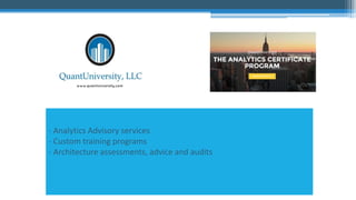 - Analytics Advisory services
- Custom training programs
- Architecture assessments, advice and audits
 