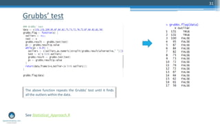 Grubbs’ test
31
See Statistical_Approach.R
The above function repeats the Grubbs’ test until it finds
all the outliers within the data.
 