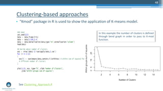 Clustering-based approaches
• “Kmod” package in R is used to show the application of K-means model.
48
In this example the number of clusters is defined
through bend graph in order to pass to K-mod
function.
See Clustering_Approach.R
 