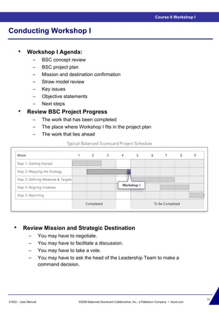 38
01622 – User Manual ©2008 Balanced Scorecard Collaborative, Inc., a Palladium Company • bscol.com
Conducting Workshop I
• Workshop I Agenda:
– BSC concept review
– BSC project plan
– Mission and destination confirmation
– Straw model review
– Key issues
– Objective statements
– Next steps
• Review BSC Project Progress
– The work that has been completed
– The place where Workshop I fits in the project plan
– The work that lies ahead
Course 6 Workshop I
• Review Mission and Strategic Destination
– You may have to negotiate.
– You may have to facilitate a discussion.
– You may have to take a vote.
– You may have to ask the head of the Leadership Team to make a
command decision.
 