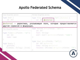 type Film @key(fields: "id") @extends {
id: ID! @external
reviews: [Review] @requires(fields: "id")
}
type Review @key(fields: "id") {
id: ID!
text: String!
user: User! @provides(fields: "name")
}
type User @key(fields: "id") {
id: ID! @external
name: String @external
reviews: [Review] @requires(fields: "id")
}
Review GraphQL serviceUser GraphQL service
type User {
id: ID!
name: String
rating: Float
}
type Film@key(fields: "id"){
id: ID!
name: name
}
type Query {
getFilm(
filmName: String): [Film]
}
Film GraphQL service
@external
@external – директива, указывающая поля, которые предоставляются
другим сервисом в федерации.
Apollo Federated Schema
 