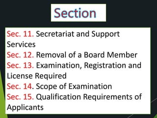 Sec. 11. Secretariat and Support
Services
Sec. 12. Removal of a Board Member
Sec. 13. Examination, Registration and
License Required
Sec. 14. Scope of Examination
Sec. 15. Qualification Requirements of
Applicants
 