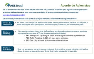 Acordo de Acionistas
Em 22 de dezembro de 2003, AES e BNDES assinaram um Acordo de Acionistas para regular suas relações como
acionistas da Brasiliana e de suas empresas controladas. O acordo está disponível para consulta em:
www.aeseletropaulo.com.br/ri

Os acionistas podem alienar suas quotas a qualquer momento, considerando os seguintes termos:

Direito de         As partes com intenção de alienar suas ações, devem primeiramente fornecer à outra parte o
preferência         direito de comprar essa participação pelo mesmo preço oferecido por uma terceira parte.



Direito ao
                     No caso de mudança de controle da Brasiliana, tag along são acionados para as seguintes
tag along             empresas (apenas se a AES não é mais acionista controlador):
                            – AES Eletropaulo: Tag along de 100% de suas ações ordinárias e preferenciais
                            – AES Tietê: Tag along de 80% em suas ações ordinárias
                            – AES Elpa: Tag along de 80% em suas ações ordinárias



Direito ao
drag along          Uma vez que a parte ofertante exerce a cláusula de drag along, a parte ofertada é obrigada a
                     dispor de todas as suas ações se o direito de primeira recusa não for exercido.
 