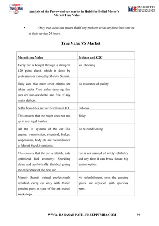 Analysis of the Pre-owned car market in Hubli for Bellad Motor’s
                           Maruti True Value


     •           Only true value can ensure that if any problem arises anytime their service
         at their service 24 hours.


                                      True Value VS Market


Maruti true Value                               Brokers and C2C

Every car is bought through a stringent         No checking
120 point check which is done by
professionals trained by Maruti- Suzuki.

Only cars that meet strict criteria are         No assurance of quality
taken under True value ensuring that
cars are non-accidental and free of any
major defects.

Seller bonofides are verified from RTO          Dubious

This ensures that the buyer does not end        Risky
up in any legal hassles

All the 11 systems of the car like              No re-conditioning
engine, transmission, electrical, brakes,
suspensions, body etc are reconditioned
to Maruti Suzuki standards.

This ensures that the car is reliable, safe     Car is not assured of safety reliability
optimized fuel economy. Sparkling               and any time it can break down: big
clean and aesthetically finished giving         tension option
the experience of the new car.

Maruti- Suzuki trained professionals            No refurshibment, even the genuine
refurbish every car only with Maruti            spares are replaced with spurious
genuine parts at state of the art.-maruti       parts.
workshops.




                          WWW. BABASAB PATIL FREEPPTMBA.COM                                    59
 