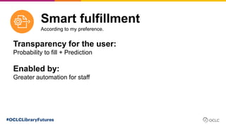 Transparency for the user:
Probability to fill + Prediction
Enabled by:
Greater automation for staff
Smart fulfillment
According to my preference.
 