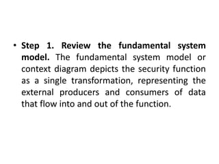 • Step 1. Review the fundamental system
model. The fundamental system model or
context diagram depicts the security function
as a single transformation, representing the
external producers and consumers of data
that flow into and out of the function.
 