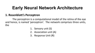 Early Neural Network Architecture
1. Rosenblatt’s Perceptron
The perceptron is a computational model of the retina of the eye
and hence, is named ‘perceptron’. The network comprises three units,
the
1. Sensory unit (S)
2. Association unit (A)
3. Response Unit (R)
 