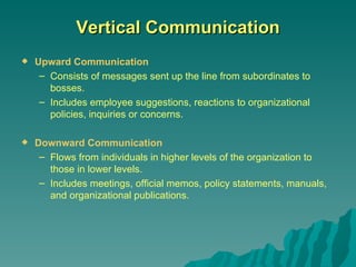 Vertical Communication Upward Communication Consists of messages sent up the line from subordinates to bosses. Includes employee suggestions, reactions to organizational policies, inquiries or concerns. Downward Communication Flows from individuals in higher levels of the organization to those in lower levels. Includes meetings, official memos, policy statements, manuals, and organizational publications. 