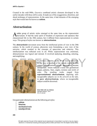 DEPED COPY
ARTS  Quarter I
208
Created in the mid-1900s, Guernica combined artistic elements developed in the
earlier decades with those still to come. It made use of the exaggeration, distortion, and
shock technique of expressionism. At the same time, it had elements of the emerging
style that would later be known as cubism.
Abstractionism
nother group of artistic styles emerged at the same time as the expressionist
movement. It had the same spirit of freedom of expression and openness that
characterized life in the 20th century, but it differed from expressionism in certain
ways. This group of styles was known as abstractionism.
The abstractionist movement arose from the intellectual points of view in the 20th
century. In the world of science, physicists were formulating a new view of the
universe, which resulted in the concepts of space-time and relativity. This
intellectualism was reflected even in art. While expressionism was emotional,
abstractionism was logical and rational. It involved analyzing, detaching, selecting,
and simplifying.
In previous centuries, works of art were a reflection,
in one way or another, of the outside world. In 20th
century abstractionism, natural appearances became
unimportant. Artists reduced a scene into geometrical
shapes, patterns, lines, angles, textures and swirls of
color. The resulting works ranged from
representational abstractionism, depicting still-
recognizable subjects (as in the artwork on the left),
to pure abstractionism, where no recognizable
subject could be discerned.
Oval Still Life (Le Violon)
Georges Braque, 1914
Oil on canvas
Grouped under abstractionism are the following art styles:
 cubism
 futurism
 mechanical style
 nonobjectivism
A
All rights reserved. No part of this material may be reproduced or transmitted in any form or by any means -
electronic or mechanical including photocopying without written permission from the DepEd Central Office.
 