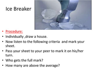 Ice Breaker
• Procedure:
• Individually ,draw a house.
• Now listen to the following criteria and mark your
sheet.
• Pass your sheet to your peer to mark it on his/her
turn.
• Who gets the full mark?
• How many are above the average?
 