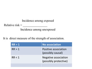 Incidence among exposed
Relative risk = ________________
Incidence among unexposed
It is direct measure of the strength of association.
RR = 1 No association
RR > 1 Positive association
(possibly causal)
RR < 1 Negative association
(possibly protective)
 