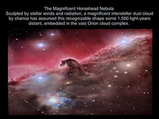 The Magnificent Horsehead Nebula  Sculpted by stellar winds and radiation, a magnificent interstellar dust cloud by chance has assumed this recognizable shape some 1,500 light-years distant, embedded in the vast Orion cloud complex.  