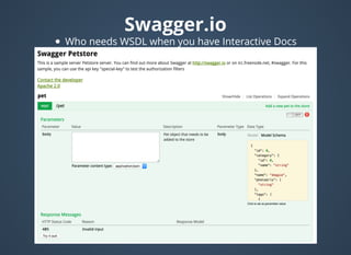 Swagger.ioSwagger.io
Who needs WSDL when you have Interactive Docs
 