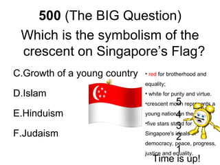 500 (The BIG Question)
 Which is the symbolism of the
 crescent on Singapore’s Flag?
C.Growth of a young country   • red for brotherhood and
                              equality;
D.Islam                       • white for purity and virtue.
                                            5
                              •crescent moon represents a

E.Hinduism                    young nation4 the rise.
                                             on

                                            3
                              •five stars stand for

F.Judaism                     Singapore's ideals of
                                            2
                              democracy, peace, progress,
                                            1
                              justice and equality.
                                  Time is up!
 