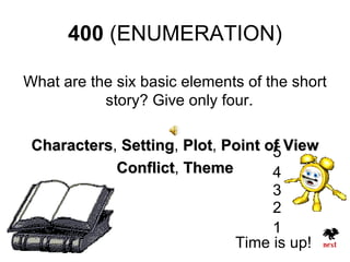 400 (ENUMERATION)

What are the six basic elements of the short
           story? Give only four.

 Characters, Setting, Plot, Point of View
 Characters Setting Plot           5
            Conflict, Theme
            Conflict               4
                                   3
                                   2
                                   1
                             Time is up!
 