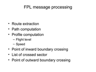 FPL message processing Route extraction Path computation Profile computation Flight level  Speed Point of inward boundary crossing List of crossed sector Point of outward boundary crossing 