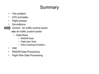 Summary The problem ATC principles Flight phases Surveillance Control : Air traffic control center Air traffic control center Data flows RADAR Data Flight plan Data Data coupling/correlation IHM RADAR Data Processing Flight Plan Data Processing 