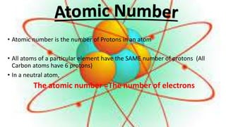 • Atomic number is the number of Protons in an atom
• All atoms of a particular element have the SAME number of protons (All
Carbon atoms have 6 protons)
• In a neutral atom,
The atomic number =The number of electrons
 