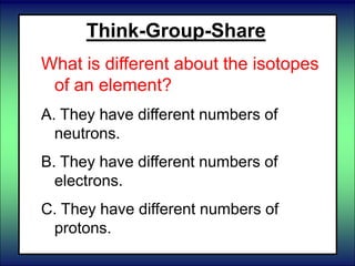 Think-Group-Share
What is different about the isotopes
of an element?
A. They have different numbers of
neutrons.
B. They have different numbers of
electrons.
C. They have different numbers of
protons.
 