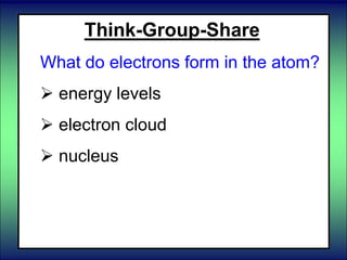 Think-Group-Share
What do electrons form in the atom?
 energy levels
 electron cloud
 nucleus
 