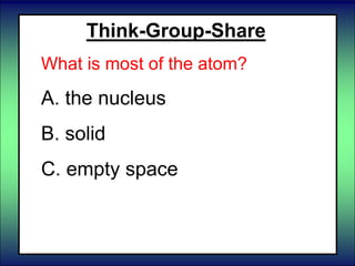 Think-Group-Share
What is most of the atom?
A. the nucleus
B. solid
C. empty space
 