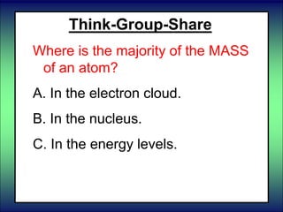 Think-Group-Share
Where is the majority of the MASS
of an atom?
A. In the electron cloud.
B. In the nucleus.
C. In the energy levels.
 