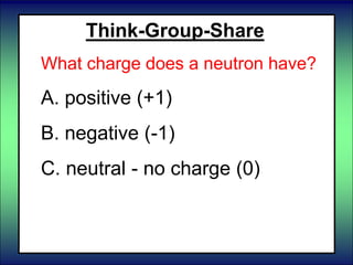 Think-Group-Share
What charge does a neutron have?
A. positive (+1)
B. negative (-1)
C. neutral - no charge (0)
 