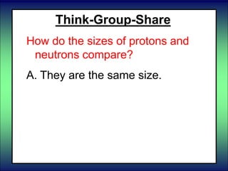 Think-Group-Share
How do the sizes of protons and
neutrons compare?
A. They are the same size.
B. Protons are smaller than
neutrons.
C. Neutrons are smaller than
protons.
 