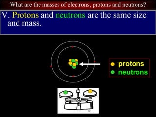 What are the masses of electrons, protons and neutrons?
V. Protons and neutrons are the same size
and mass.
protons
neutrons
 