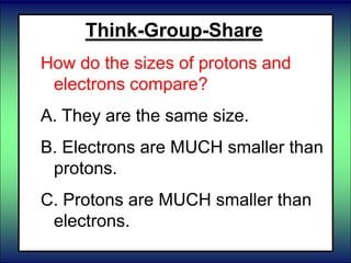 Think-Group-Share
How do the sizes of protons and
electrons compare?
A. They are the same size.
B. Electrons are MUCH smaller than
protons.
C. Protons are MUCH smaller than
electrons.
 