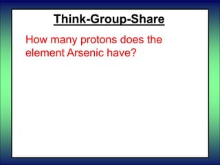  56
Think-Group-Share
How many protons does the
element Arsenic have?
 