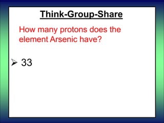  33
Think-Group-Share
How many protons does the
element Arsenic have?
 