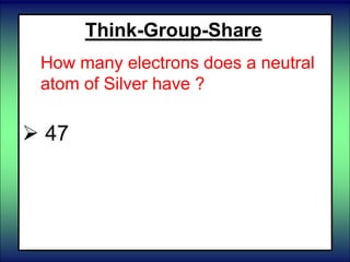  47
Think-Group-Share
How many electrons does a neutral
atom of Silver have ?
 