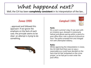 What happened next?
Well, the CA has been completely consistent in its interpretation of the law…
Jones 1990 Campbell 1991
...approved and followed this
approach. If we ignore the
emphasis on the facts of each
case, the principle seems to be
clear: an attempt is trying to do
something,
Facts:
On a warm summer’s day, D was seen with
an imitation gun, dressed in motorcycle
helmet and gloves pacing within a yard of a
post office door, over a period of around an
hour. The police arrested him and charged
him with attempted robbery.
Ratio:
Whilst approving the interpretation in Jones,
the CA held that there was no way a
reasonable jury could have decided on the
facts that he had ‘embarked on the crime
proper’ as he had yet to even enter the
post office.
 