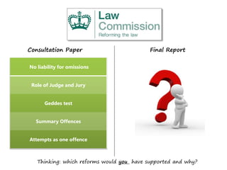 Consultation Paper Final Report
Thinking: which reforms would you have supported and why?
No liability for omissions
Role of Judge and Jury
Geddes test
Summary Offences
Attempts as one offence
 