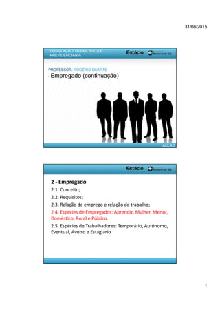 31/08/2015
1
AULA 2
LEGISLAÇÃO TRABALHISTA E
PREVIDENCIÁRIA
PROFESSOR: ROGÉRIO DUARTE
- Empregado (continuação)
2 - Empregado
2.1. Conceito;
2.2. Requisitos;
2.3. Relação de emprego e relação de trabalho;
2.4. Espécies de Empregados: Aprendiz, Mulher, Menor,
Doméstico, Rural e Público.
2.5. Espécies de Trabalhadores: Temporário, Autônomo,
Eventual, Avulso e Estagiário
 